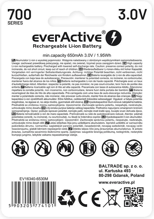 Polnilna baterija 16340 everActive, 700 mAh, 3 V, z Micro USB, 1 kos