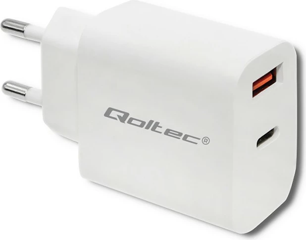 Stenski polnilec 18 W Qoltec 51714, USB Type‑C PD in USB QC 3.0, bel