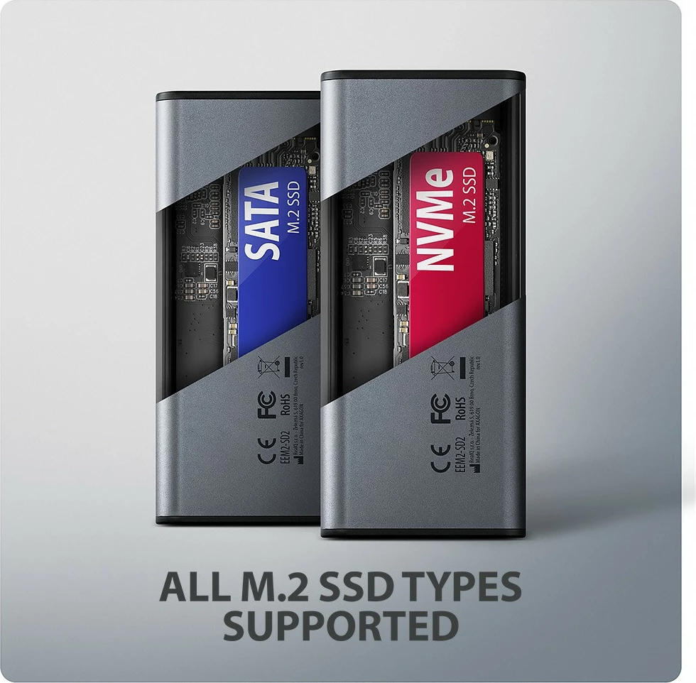 Zunanje računalniško ohišje za SSD AXAGON EEM2-SD2, M.2 NVMe/SATA, USB-A/C 3.2 Gen2, LCD zaslon, sivo