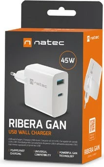 Stenski polnilec GaN, Natec Ribera, 45W, 1x USB-A + 1x USB-C, bel