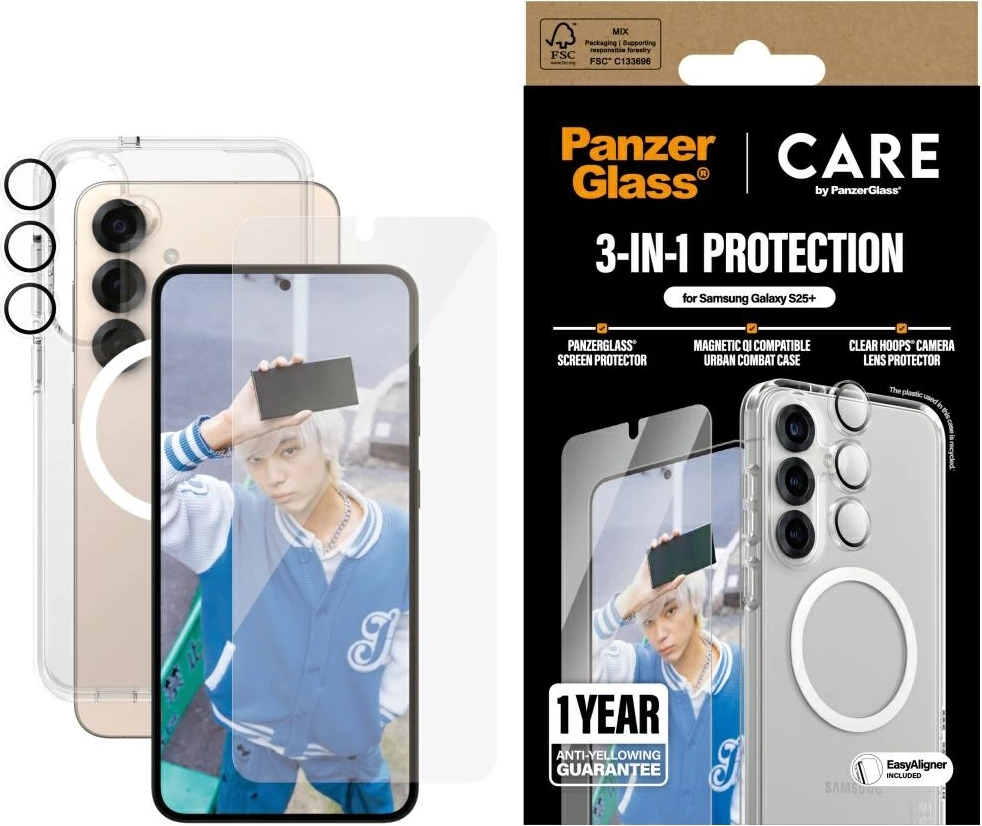 Ovitek za telefon z zaščitnim steklom in zaščito leče, PanzerGlass CARE Flagship 3in1 za Samsung Galaxy S25+, prozoren