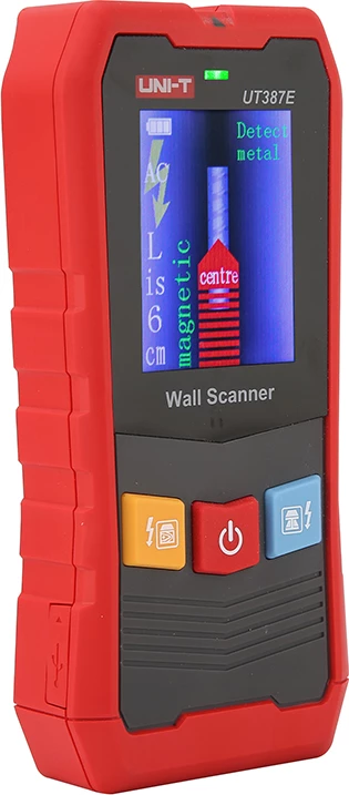 Skenirnik sten in detektor skritih materialov, UNI-T UT387E, zaslon 2,4", zaznava kovin/lesa/napetostnih žic do 100 mm, Li-ion baterija z USB, rdeče-siv
