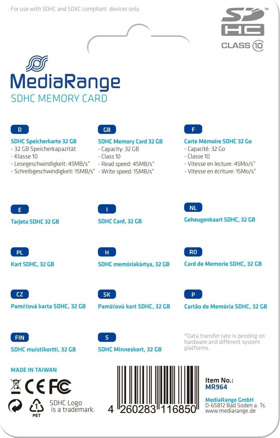 Kartica pomnilnika SDHC, 32GB, Class 10, 45MB/s, modra MediaRange MR964