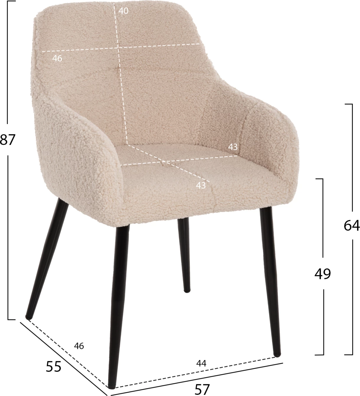 Fotelj SHELLY FH8591.02 iz tkanine TEDDY v beli barvi s črnimi kovinskimi nogami 57x55x87H cm, set 2 kosov