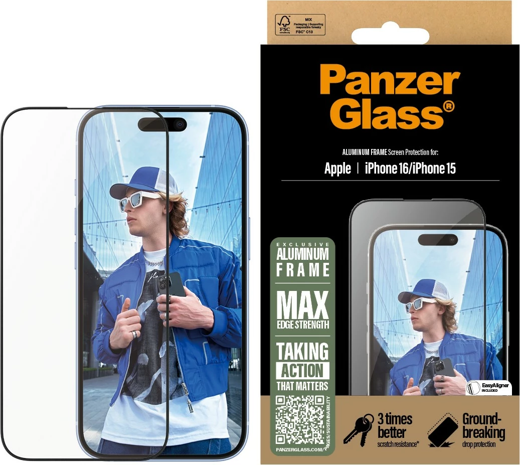 Zaščitnik zaslona PanzerGlass za iPhone 16/15, aluminijast okvir, 6,1 inch