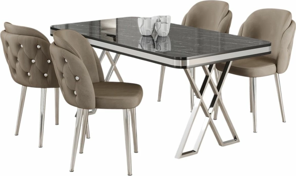 Set jedilne mize z 4 stoli, Skye Decor Rigel, črni marmor, krom, cappuccino