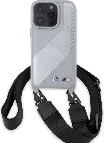 Ovitek z oglavno M-linijo BMW Carbon Stripe & Strap za iPhone 16 Pro, siv