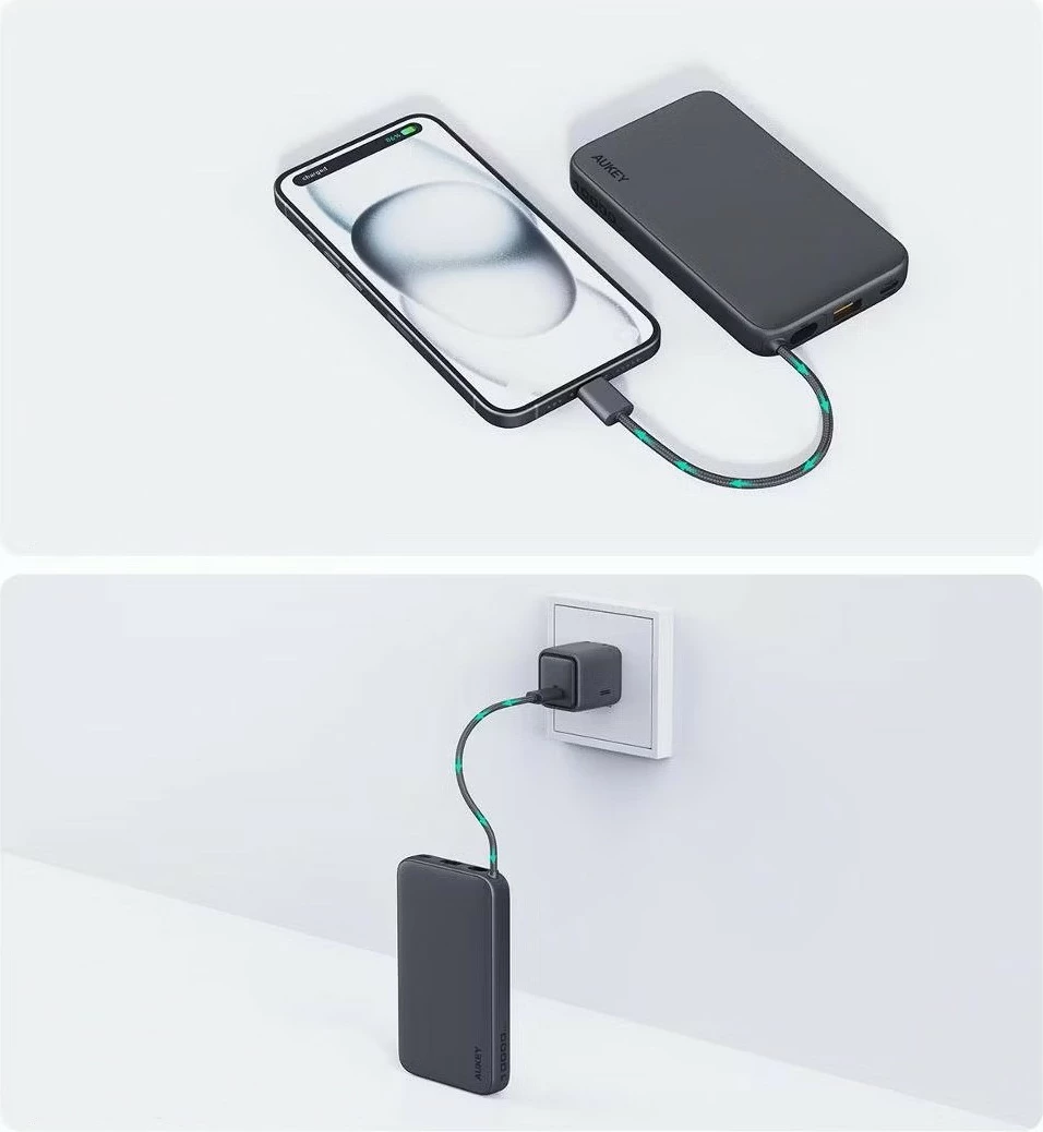 Power bank 10000 mAh, 22.5W, 4×USB, z vgrajenim kablom USB-C, AUKEY Spark Sling PB-Y53P, črn