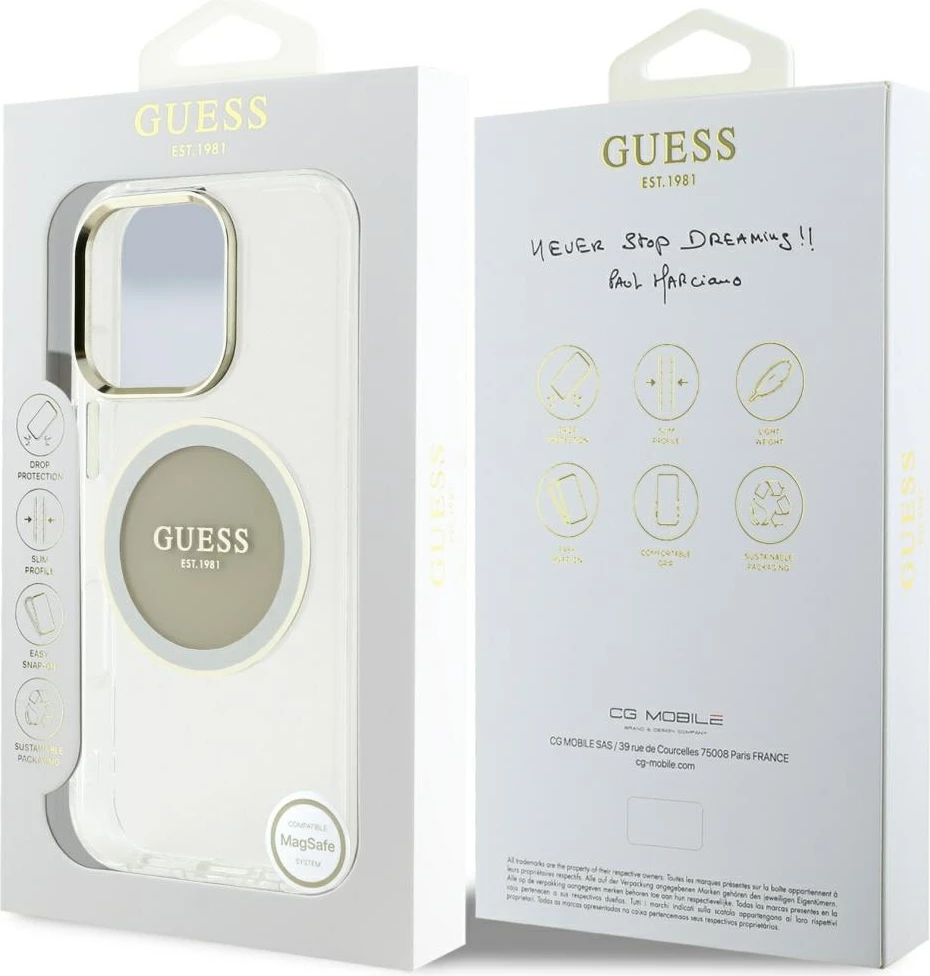 Ovitek za telefon Guess IML Metal Colored Circle Classic Logo MagSafe za iPhone 16 Pro, siv