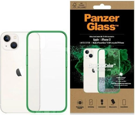 Zaščitni ovitek ClearCase, PanzerGlass za iPhone 13/14/15, prozoren z zelenim robom, antibakterijski, Military Grade