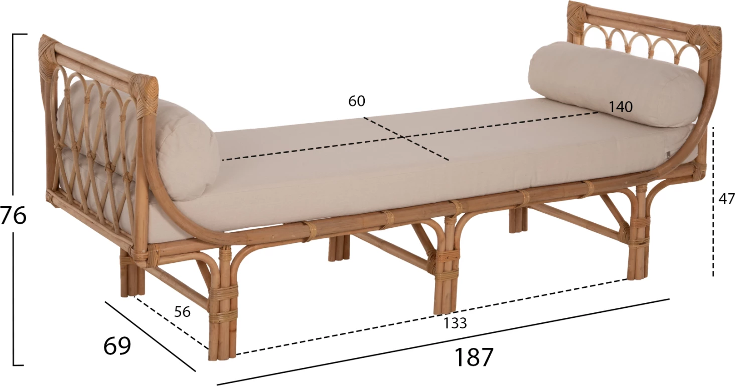 Zunanja lounge sofa Charmella iz naravnega ratana-bež blazine 187x69x76H cm