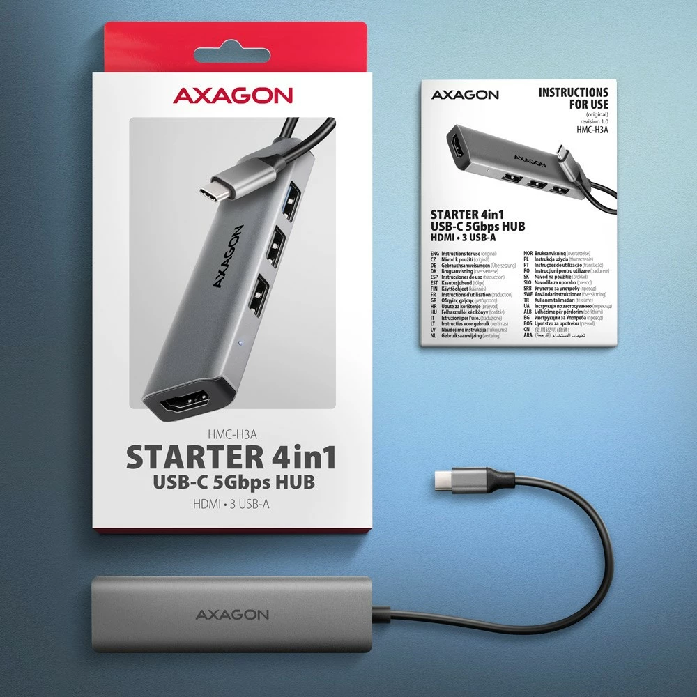 Večportni USB razdelilec 4 v 1 AXAGON HMC-H3A, 5 Gbps, 3x USB-A + HDMI 4K, kovinsko ohišje, USB-C, siv