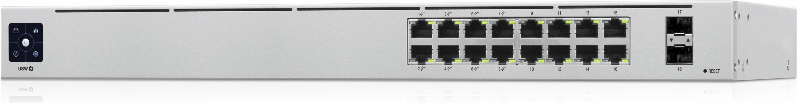 16-portni PoE upravljan stikalo Ubiquiti UniFi, L2/L3, Gigabit, srebrno