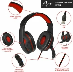 Slušalke za igranje z mikrofonom, USB, črno/rdeče ART HERO