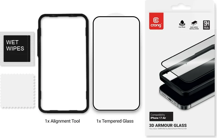 Kaljeno zaščitno steklo 3D rob-na-rob, CRONG CRG3DAGIP1766A, 0,33 mm, z montažnim okvirjem, za iPhone 17 Air, 1 kos
