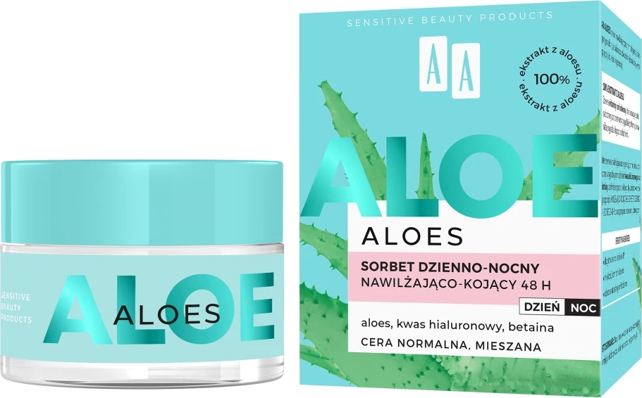 Vlažilni gel-krema za ženske, 100% izvleček Aloe Vera, Sorbet, dan-noč, 48 h — AA Aloe, 50 ml