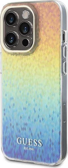 Zaščitni ovitek z zrcalnim disco iridescent učinkom Guess IML Faceted Mirror za iPhone 15 Pro, večbarven