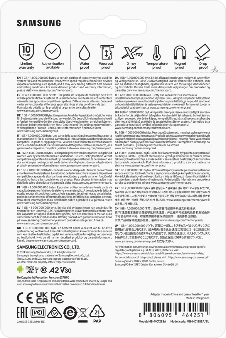 Kartica pomnilnika 128 GB Samsung MB-MC128S, MicroSDXC, UHS-I, 160 MB/s, Class 3 (U3), V30, bela