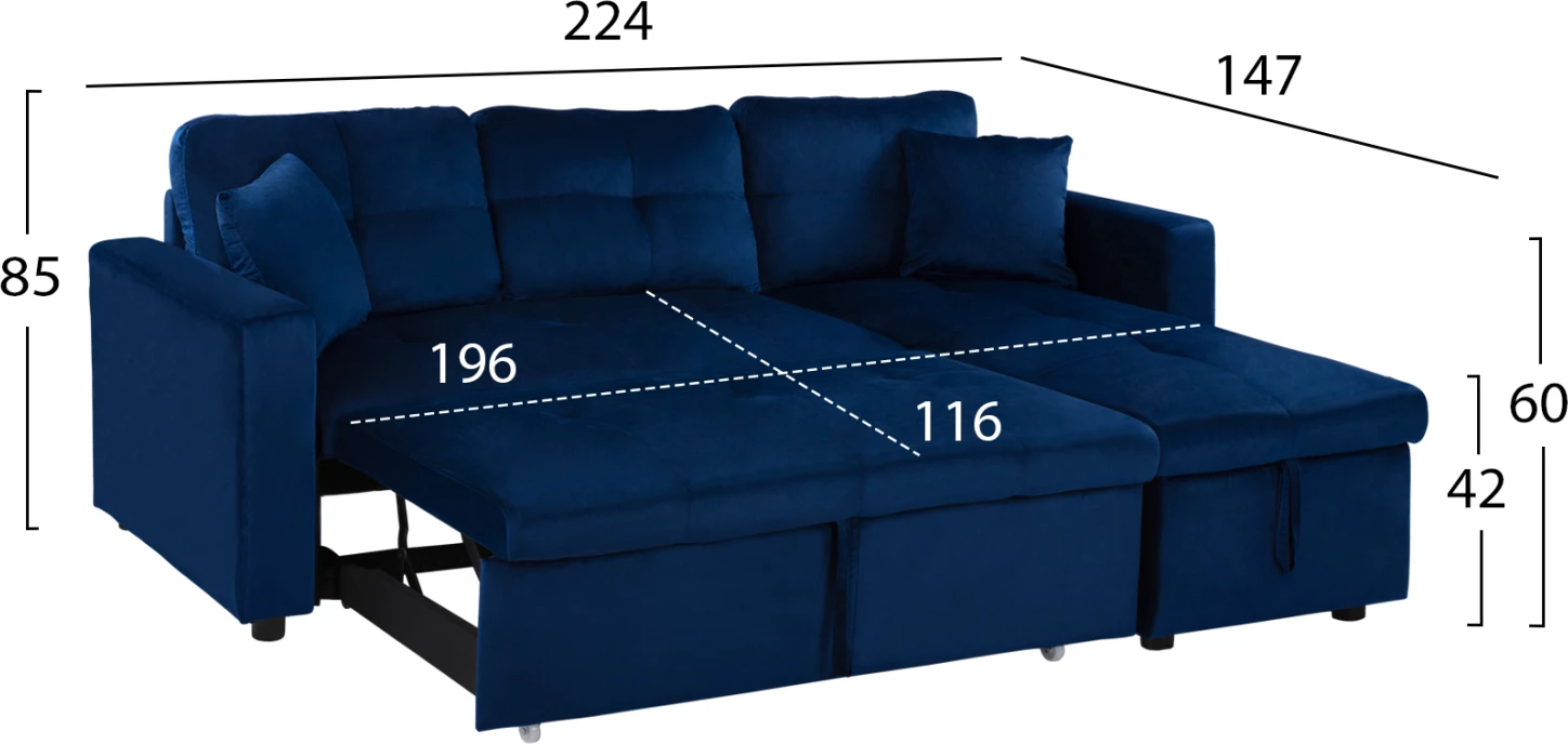 Kotna zofa postelja Wayne 224x147x85 FH3028.18 Žamet Modra