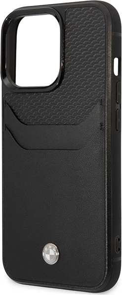 Ovitek za telefon za iPhone 14 Pro Max 6,7", pravo usnje, žep za kartice, črn - BMW BMHCP14X22RSEPK