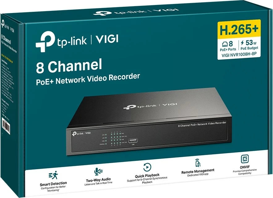 Omrežni video snemalnik TP-LINK VIGI NVR1008H-8P, 8 kanalov, PoE+, H.265+, črn