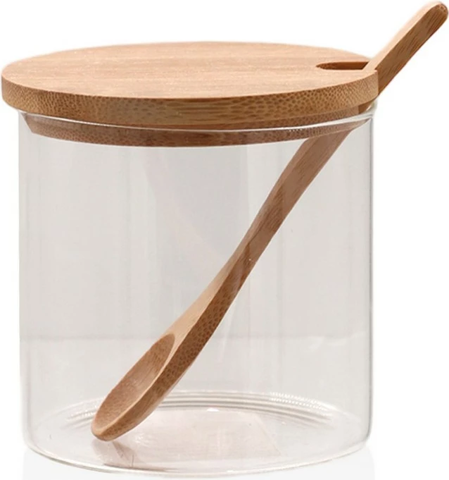 Stekleni kozarec z bambusovim pokrovom, prozoren, CAM0309, 9 x 9 x 9 cm, 350 ml