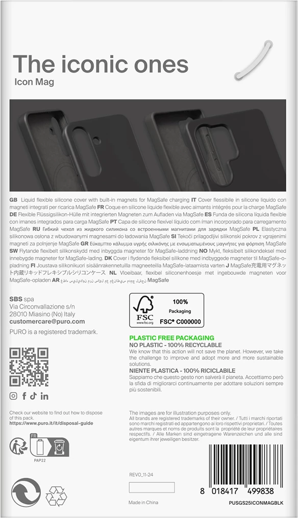 Ovitek z MagSafe Puro Icon Mag za Samsung Galaxy S25, silikonski, črn