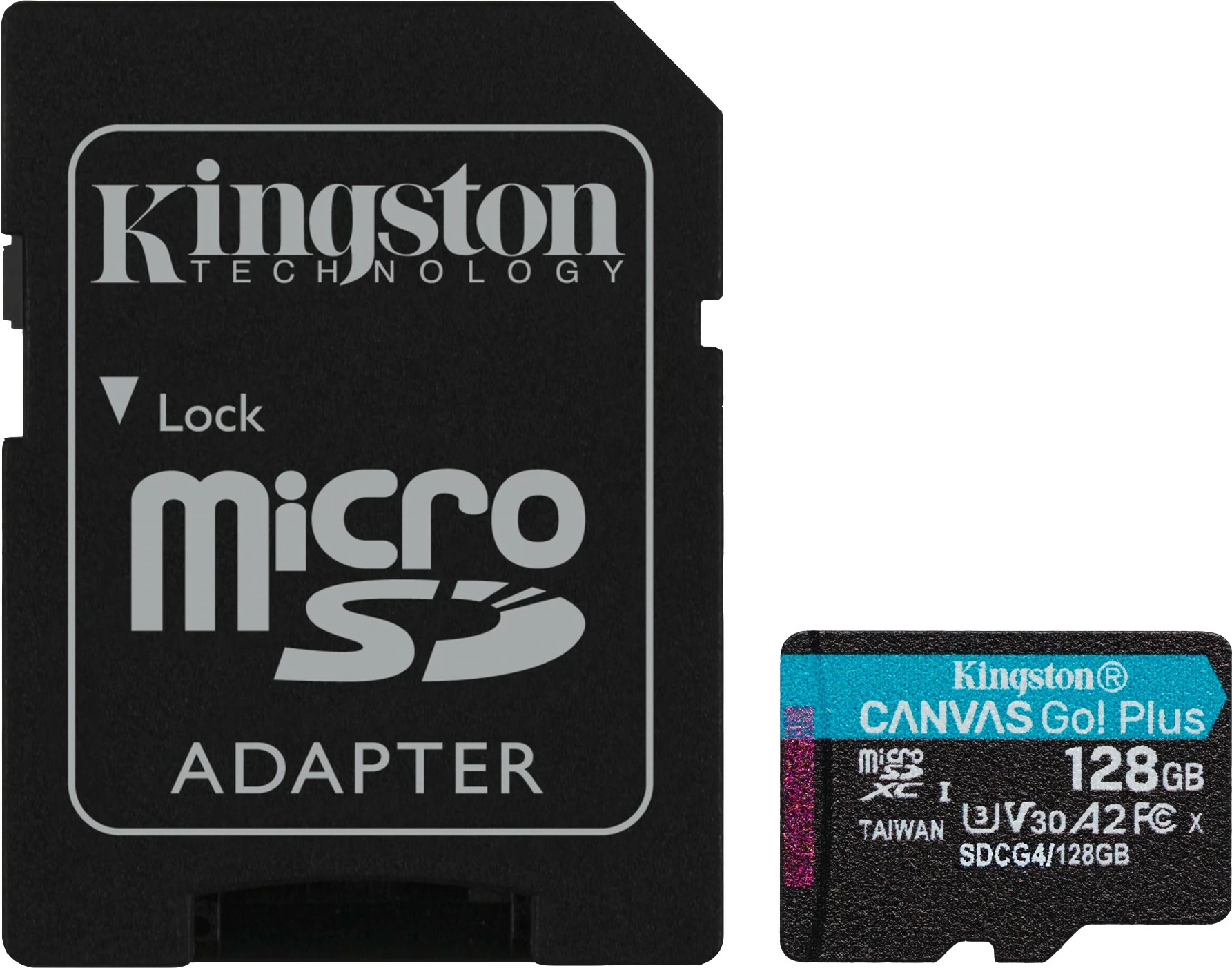 MicroSD kartica Kingston Canvas Go Plus 128GB, A2, U3, V30, z adapterjem, črno/turkizna