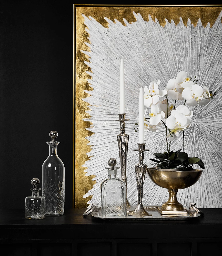 Dekorativna steklenica iz stekla, prozorna, aluminijast pokrov (srebrna), 10x10x26 cm