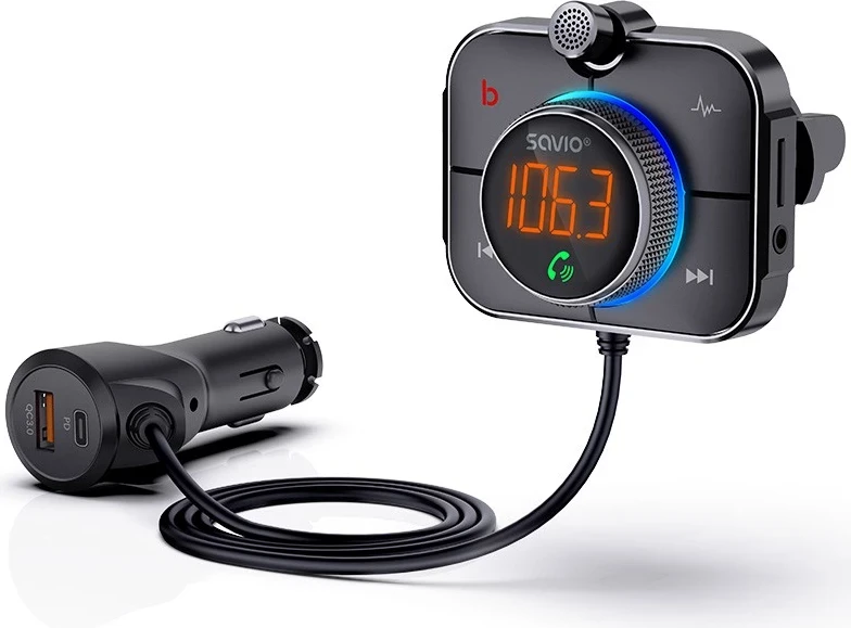 FM oddajnik s Bluetooth in PD polnilcem Savio TR-14, črn