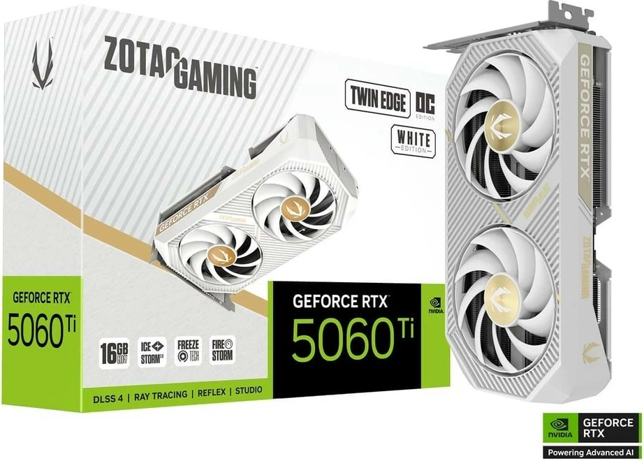 Grafična kartica ZOTAC GeForce RTX 5060 Ti Twin Edge OC, 16 GB GDDR7, 128-bit, PCIe 5.0 x8, bela