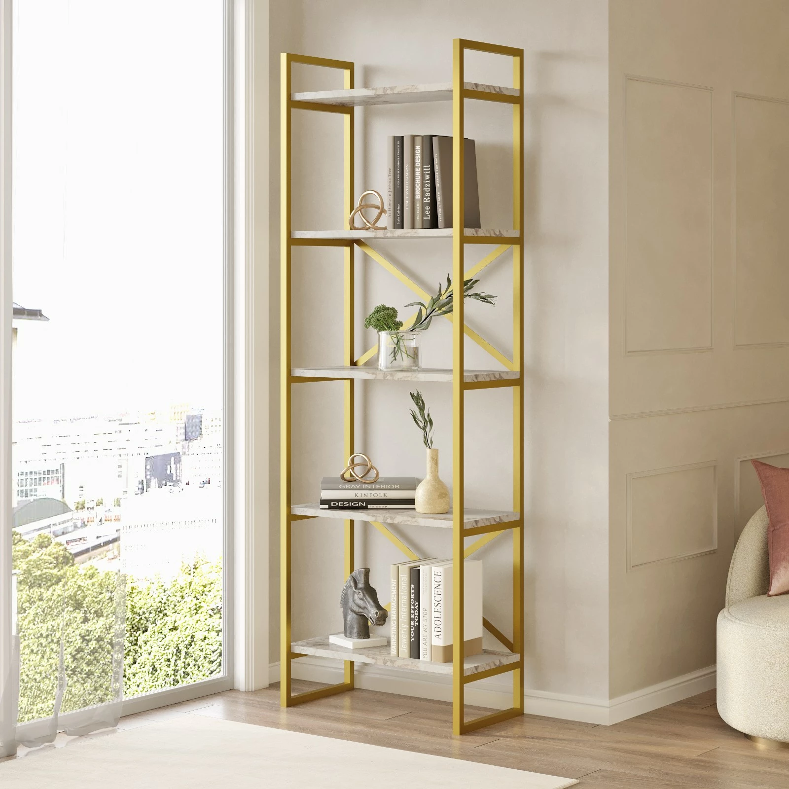 Knjižni regal Vg3-Ge, Hanah Home, marmor in zlato