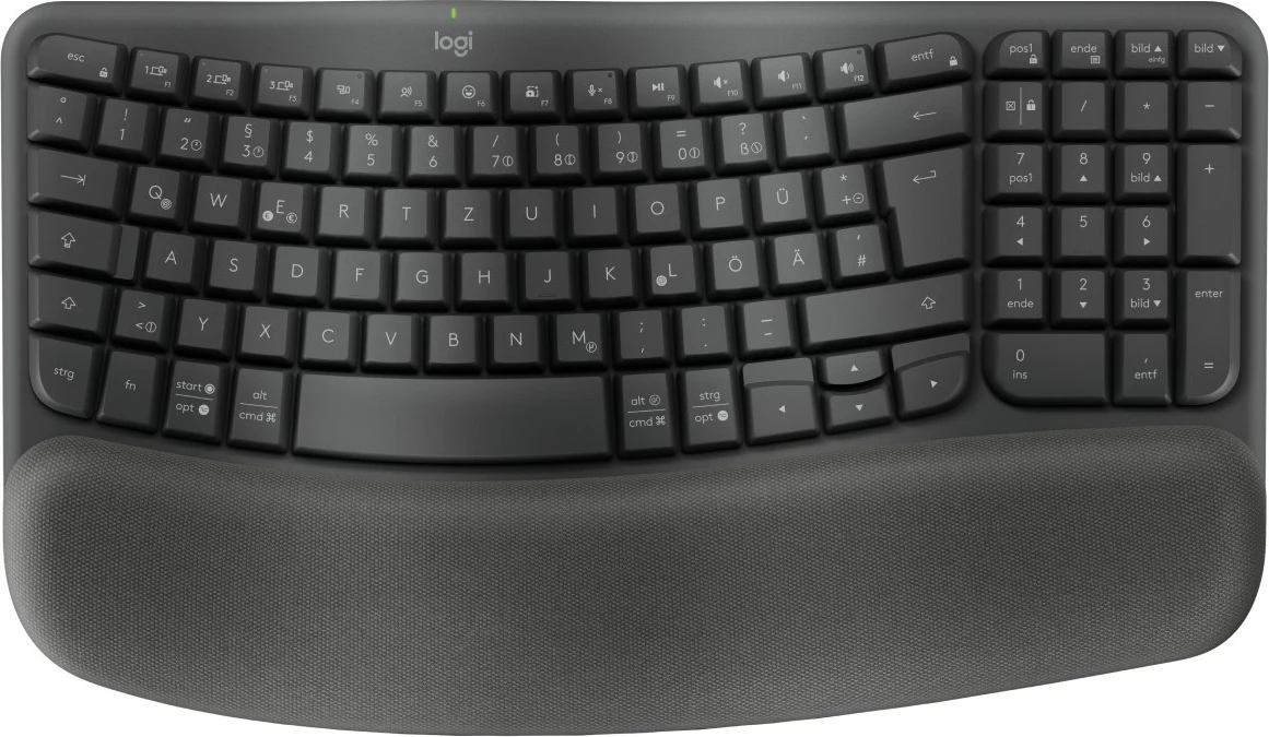 Ergonomska tipkovnica Wave Keys za poslovno rabo, Logitech, brezžična, RF in Bluetooth, membranska, QWERTZ, grafit