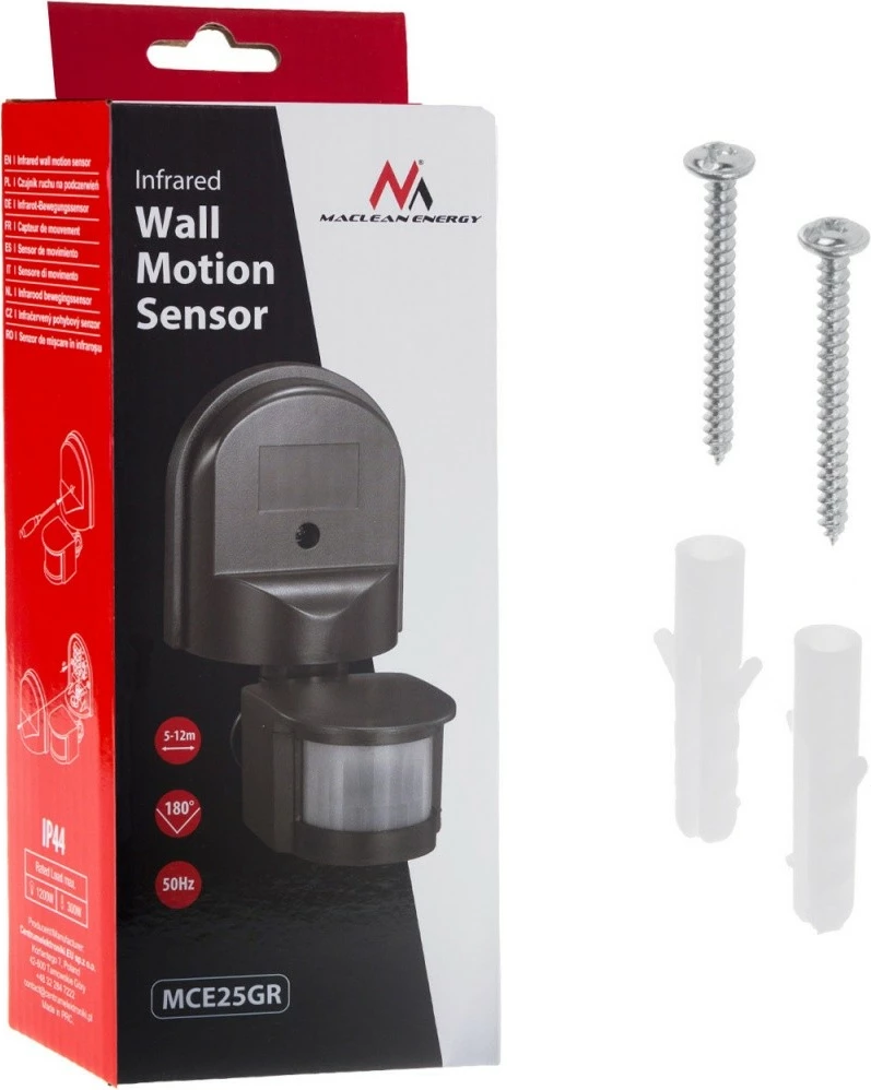 Senzor gibanja in mraka Maclean MCE25GR, 180°, 5–12 m, IP44, črn
