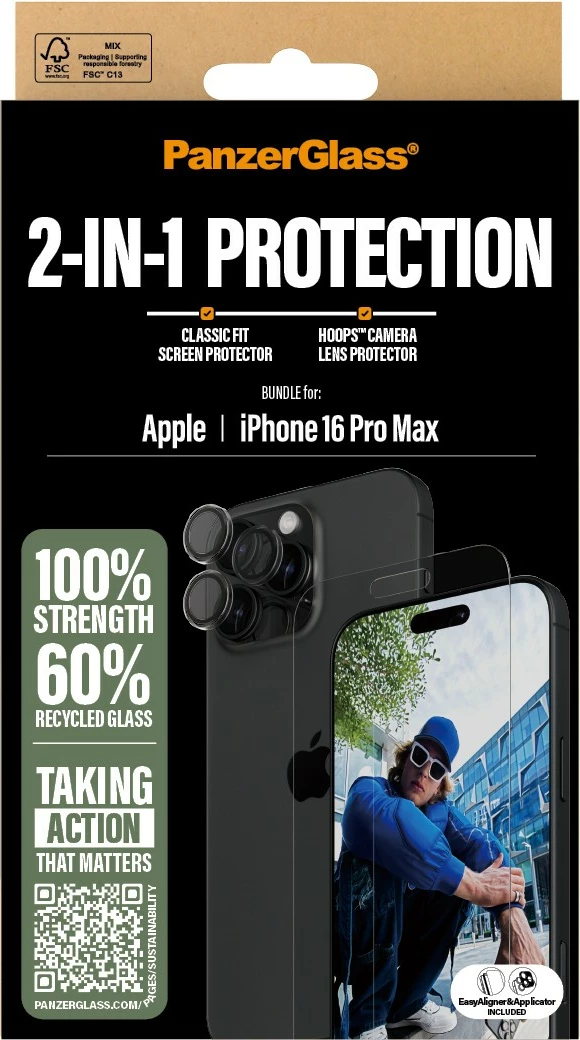 Zaščita zaslona PanzerGlass za iPhone 16 Pro Max, komplet 2-v-1, prosojna