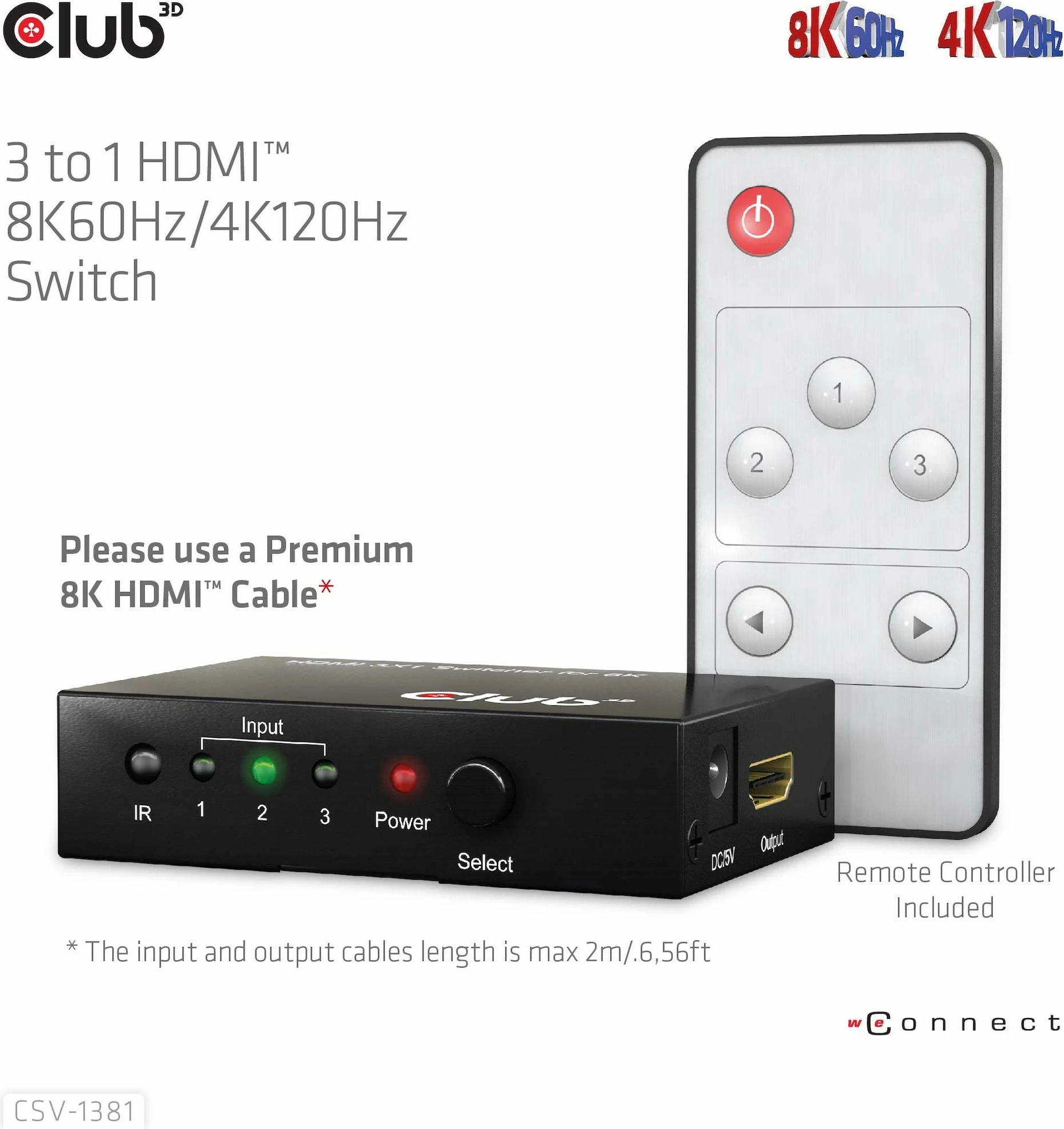 HDMI stikalo Club3D CSV-1381, 3 v 1, 8K60Hz, z daljinskim, črno