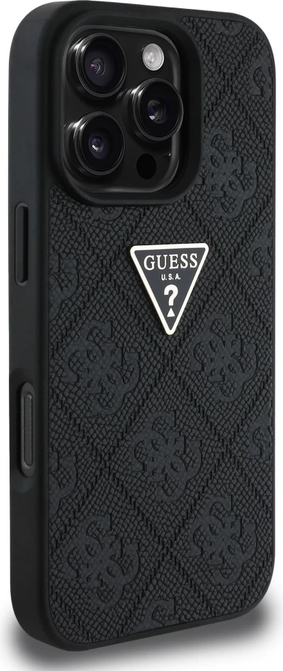 Ovitek Hot Stamp 4G z vzorcem trikotnika in metalnim logotipom Guess za iPhone 16 Pro, črn