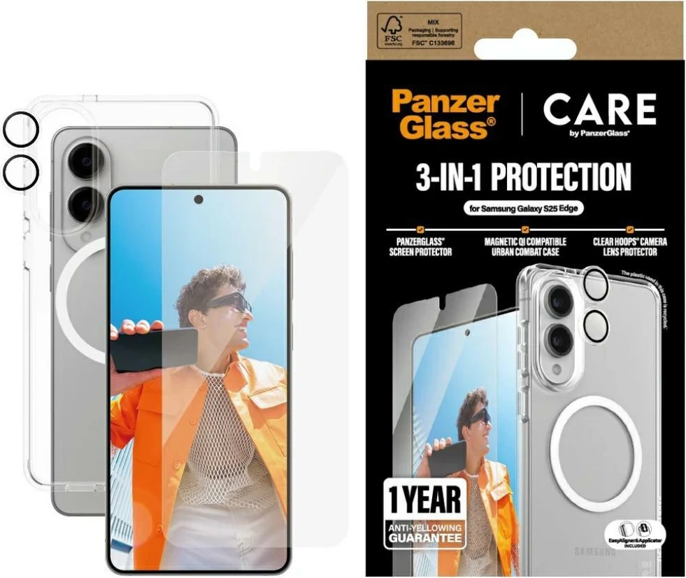 Zaščitni komplet 3-v-1 PanzerGlass CARE za Samsung Galaxy S25 Edge, prozoren
