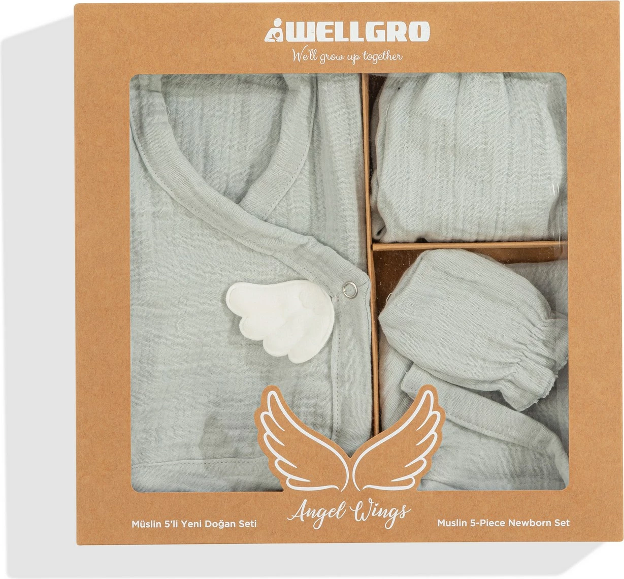 Set za novorojenčka (5 kosov), angelova krila, siva, Evila Originals