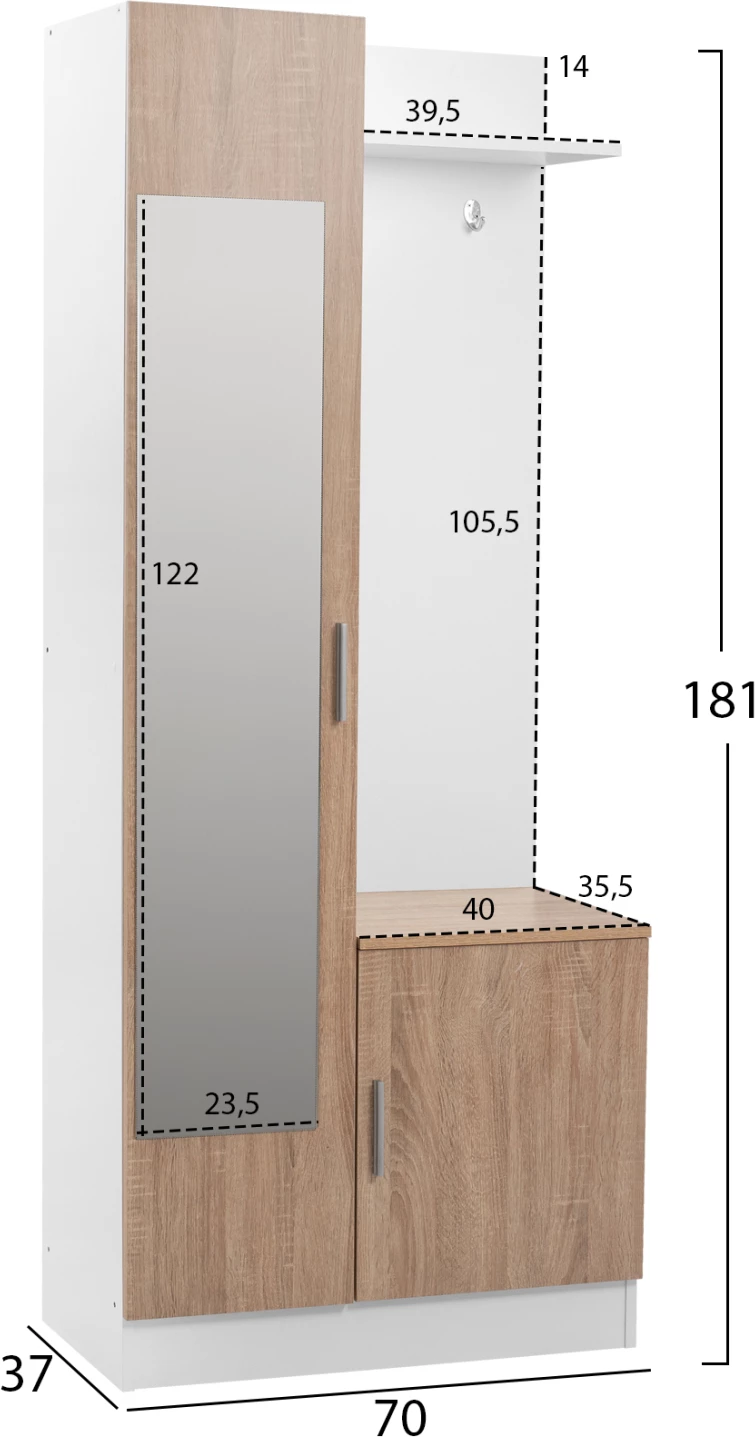 Pohištvo za predsobo z ogledalom Janice FH2264 Sonama Bela 70,3x37,1x181,8 cm