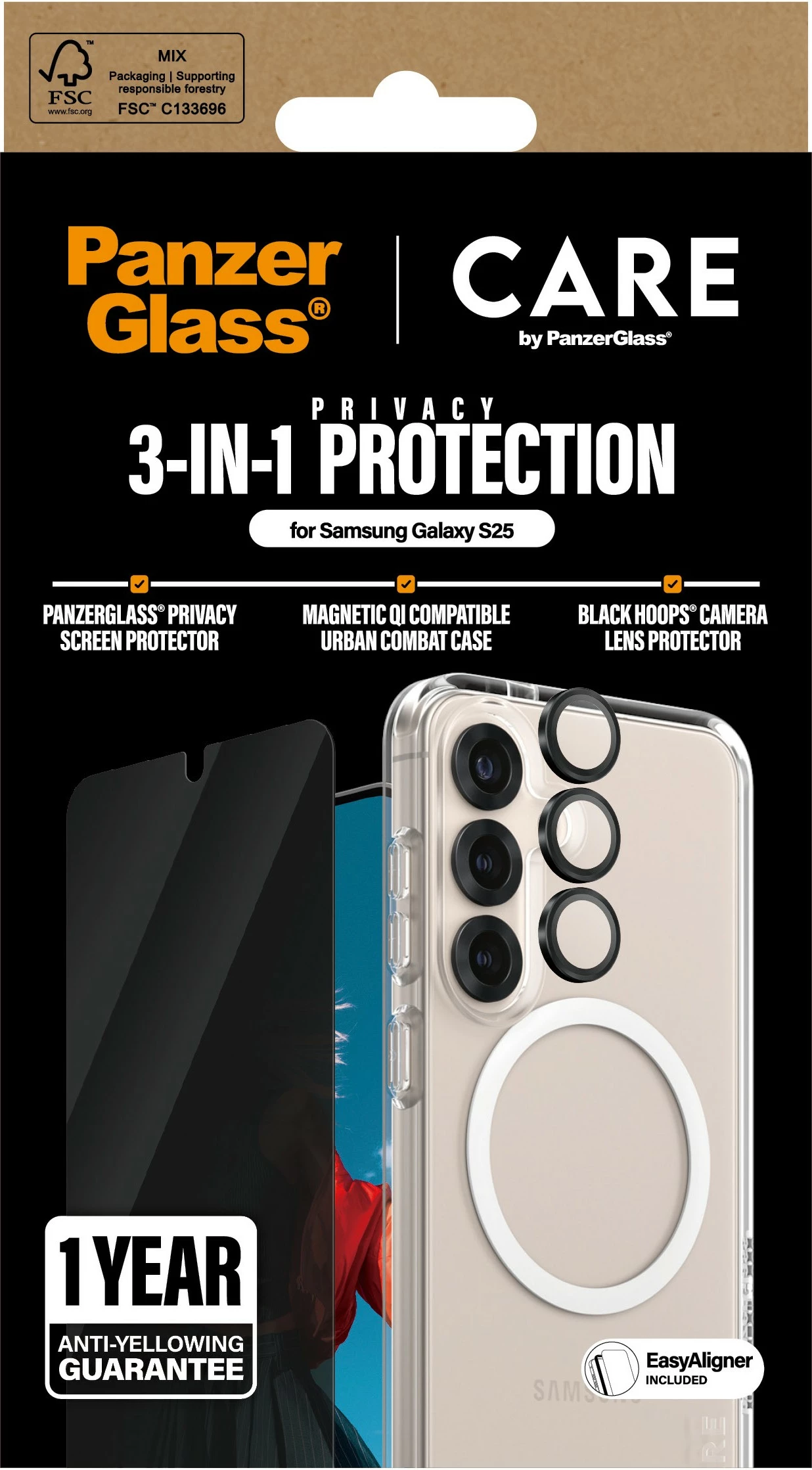 Set zaščite s funkcijo zasebnosti PanzerGlass CARE Flagship 3-v-1 za Samsung Galaxy S25, prozoren