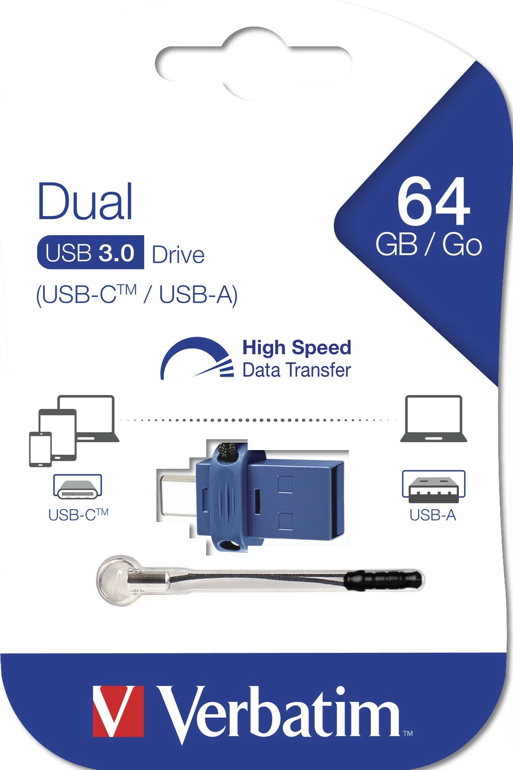 USB ključek z dvojno vtičnico, 64 GB, USB 3.0 (USB-C/USB-A), modra - Verbatim