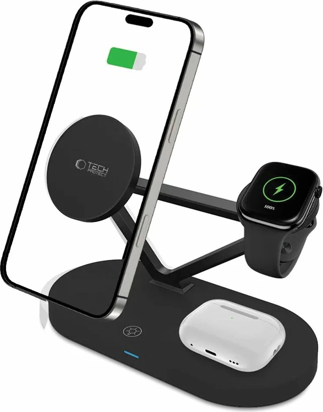 3-v-1 brezžični polnilec Tech-Protect QI15W-A41 z MagSafe za Apple, črn