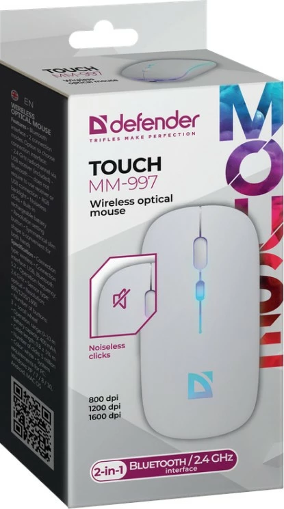 Brezžična miška RGB, 800/1200/1600 DPI, Defender TOUCH MM-997, bela