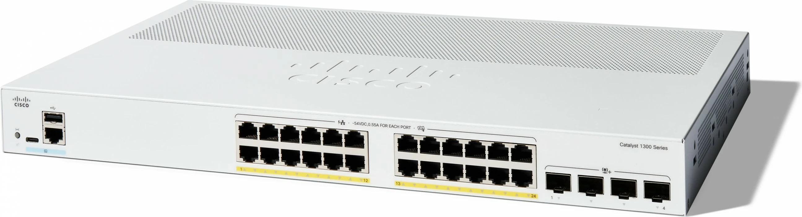 Upravljiv preklopnik z 24 GE porti in 4x10GE SFP+ Cisco Catalyst 1300-24P-4X, PoE, bel