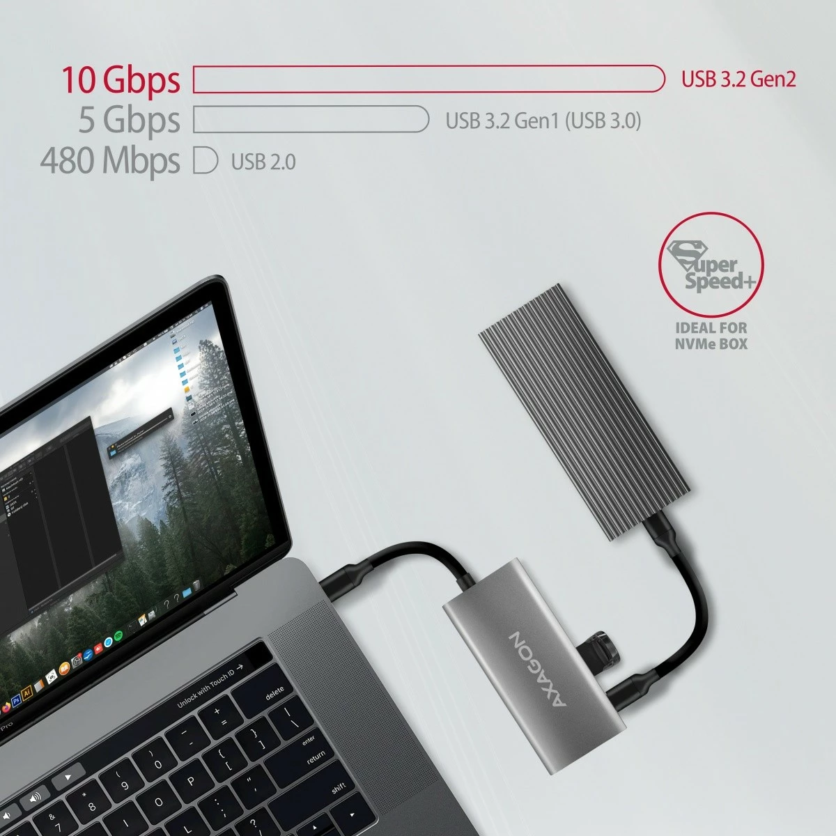 Razdelilec USB AXAGON HMC-4G2, 4 vrata (2x USB-A, 2x USB-C), USB 3.2 Gen 2, kabel USB-C 13 cm, črno/siv