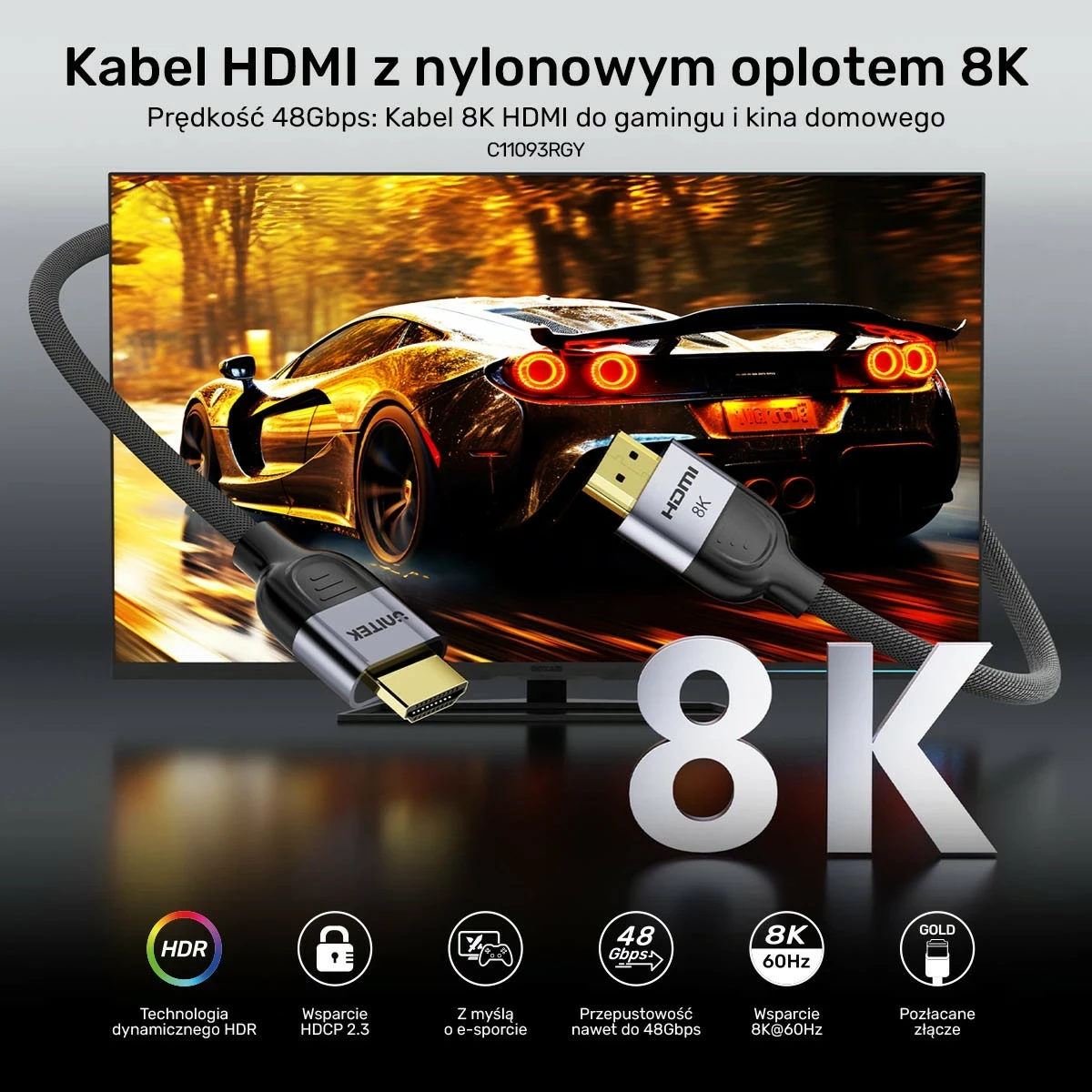 HDMI kabel 2.1 LUX, Unitek, 1,5 m, 8K, črno-siv