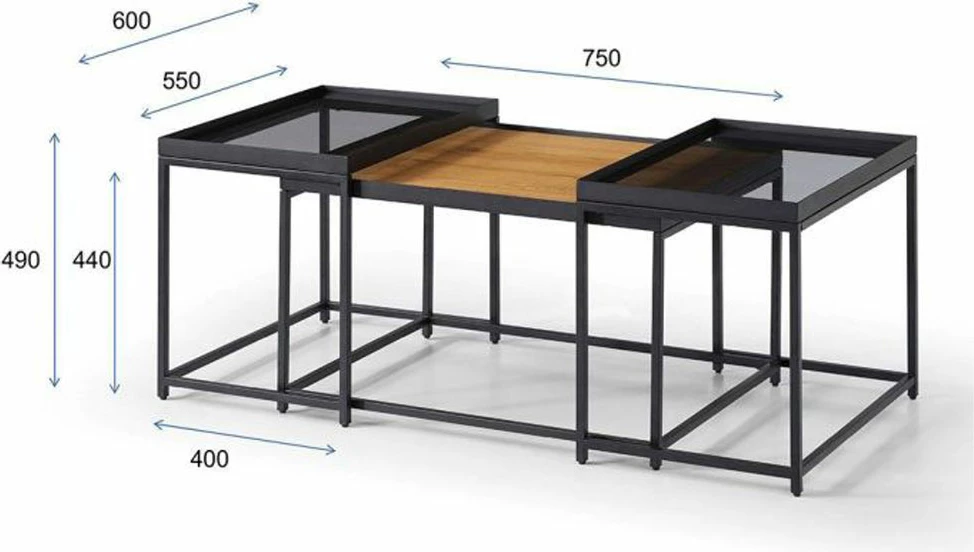 Set kavnih miz Harmonica, 3 kos, naravno, dimljeno steklo, črno, 75x55x44