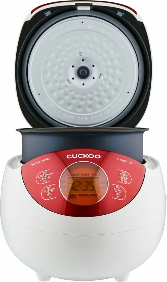 Električni kuhalnik riža Cuckoo CR-0351F, 0,54 L, LCD zaslon, rdeče/belo