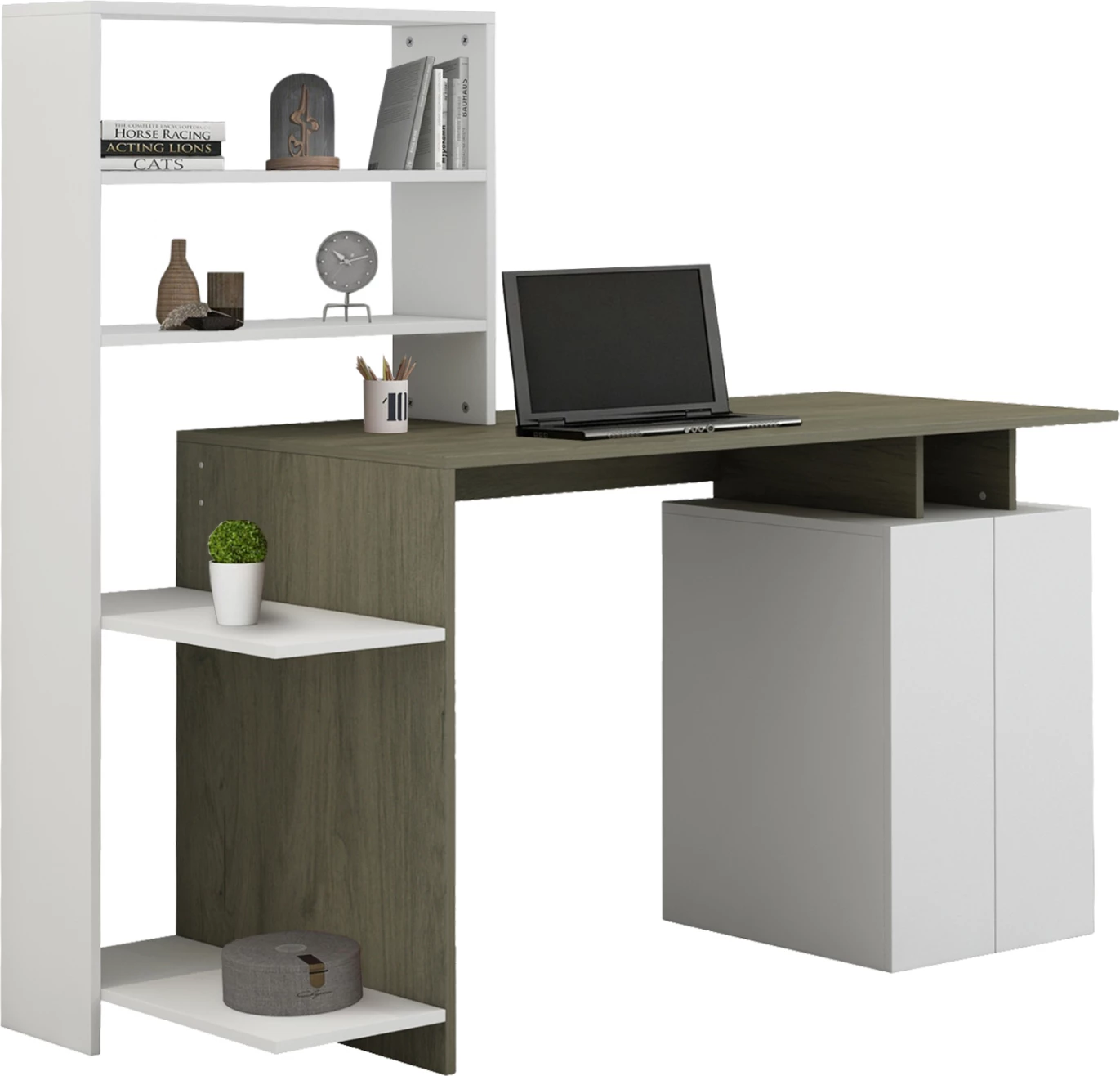 Pisalna miza z knjižno omaro ROCHELL melamin olivno siva bela barva 146,3x55x128,8H cm FH8886.11